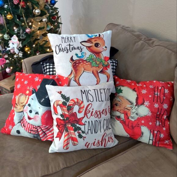 Retro Red Christmas Pillow Cover Set Santa Snowman Rudolph Candy Cane 18" x 18" - Picture 1 of 10